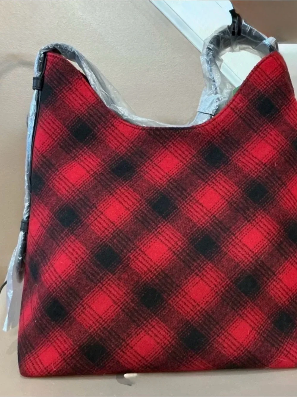 Large J Jill Wool Red and Black Plaid Hobo Bag with Leather Strap NWT